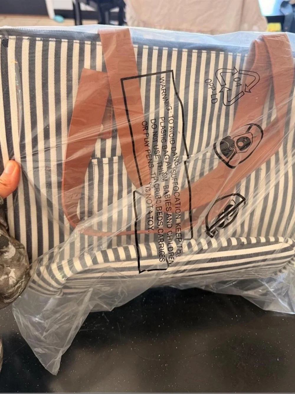 kathy ireland Navy & White Striped Tote with Brown Handles